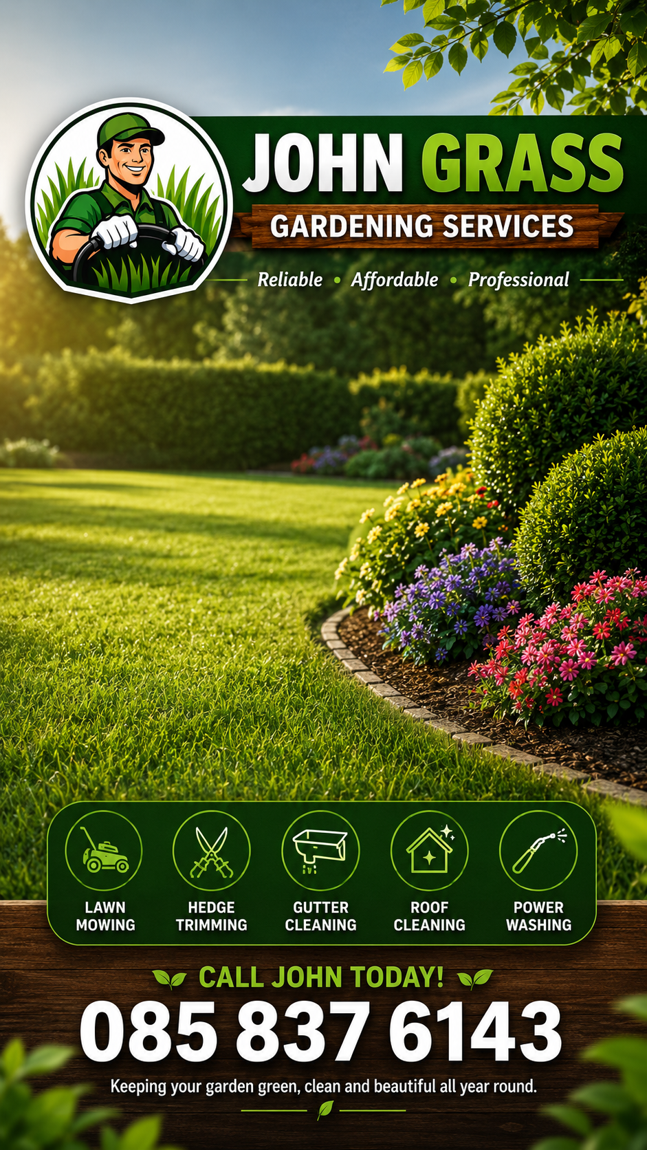 John Grass Gardening Services — lawn mowing, hedge trimming, gutter cleaning, roof cleaning and power washing
